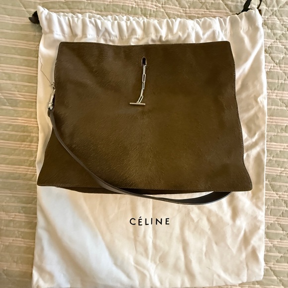 Celine Handbags - Celine Calf Hair, leather Olive Green Shoulder handbag with silver hardware.